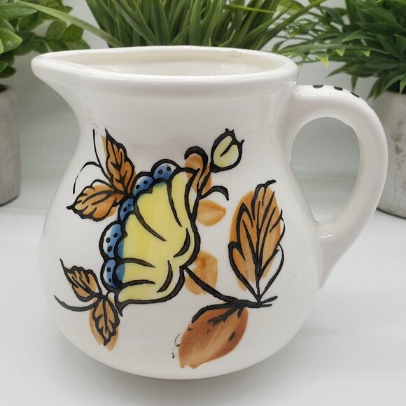 Vintage 1977 Japanese White Yellow Blue Florals Ceramic Pitcher - AS IS - Picture 1 of 10
